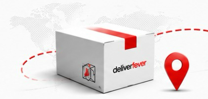 Caja Deliver Fever sobre un mapa del mundo con la ruta hacia un marcador de destino
