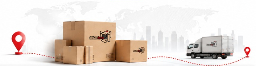 Cajas Deliver Fever y un camión de reparto sobre una ruta entre dos marcadores, con un mapa del mundo al fondo