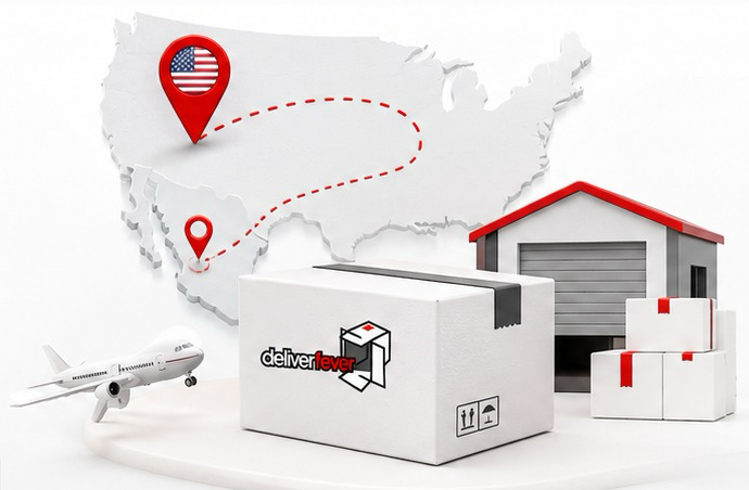 Mapa de Estados Unidos y México con la ruta de un envío, una caja Deliver Fever, una bodega y un avión